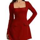 YMDUCH Women's Sexy Square Neck Long Sleeve Mini Party Dress Red (Red, S)