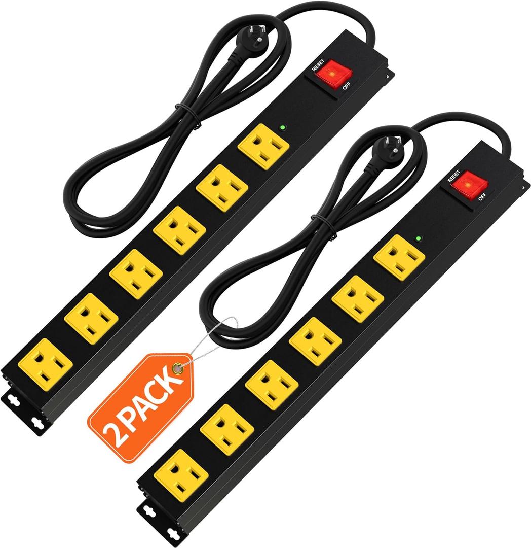 Heavy Duty 6 Outlet Metal Long Power Strip, 2700J Surge Protector with 15A Circuit Breaker, 6FT Extension Cord, Wall Mount for Garage, Workshop & Industrial Use, Wide Spaced (2 Pack 6 Ft)