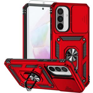 Androgate Phone Case for Samsung Galaxy A26 5G Case with HD Screen Protector & Slide Camera Cover & Rotated Ring Kickstand, [Military-Grade] Phone Case for Galaxy A26 Red