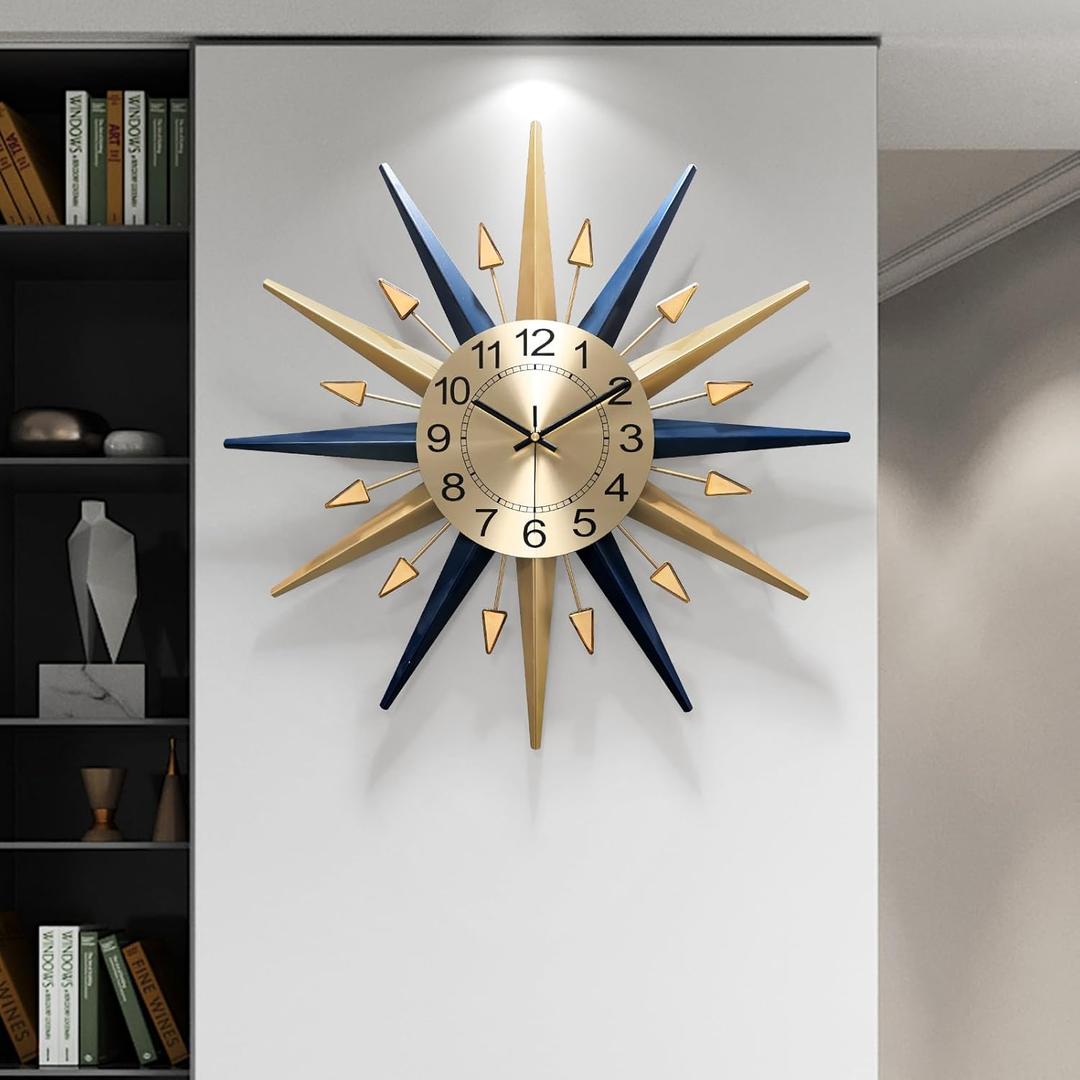 Starburst Large Wall Clock,Mid Century Decorative Wall Clock Modern Silent Clock Battery Operated for Living Room/Kitchen/Entryway/Bedroom/Office/Dinning Room Metal Wall Decor (26 inch)