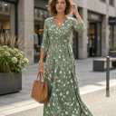 SUZONANA Plus Size Dresses for Women Floral Print Maxi Dress Flowy 3/4 Sleeve with Belt (Green, XXL)