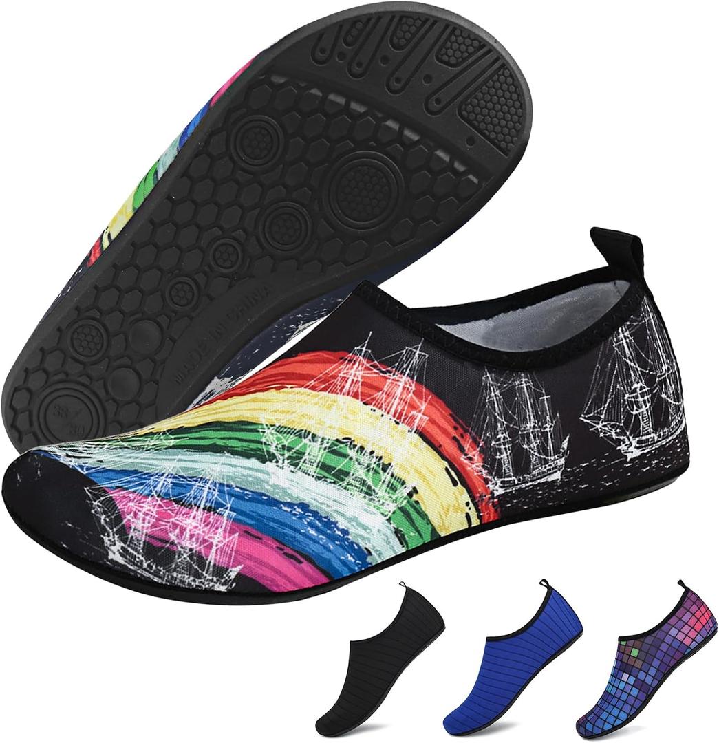 Water Shoes for Womens Mens Barefoot Aqua Yoga Socks for Pool Beach Surf Walking Water Park Boating Sports Water Shoes (4-5 Women/3-4 Men, Black Rainbow)