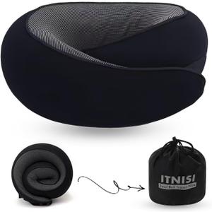 Travel Memory Foam Pillow - Adjustable Size. Essentials for Head, Chin and Neck Support During Airplane Travel, Long Flight, Car Ride/Driving, Sleeping, and Power Nap. Machine Washable. (Black)