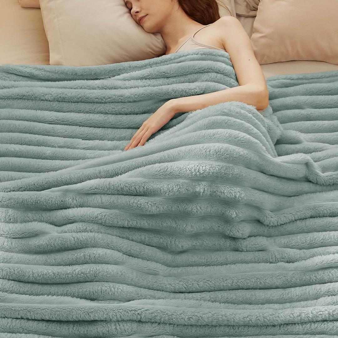 Bedsure Blankets Queen Size for Bed - Super GentleSoft Cozy Blankets for Women, Cute Large Fleece Throws for Girls,Sage Green90x90 Inches, Wider Striped Design (Jadeite)