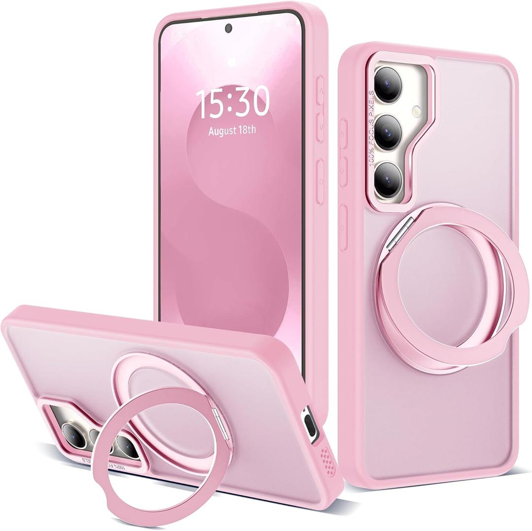 for Samsung Galaxy S25 Plus Case with 360Rotatable Magnetic Ring Stand Compatible with Mag-Safe Military Protection Shockproof Matte Translucent Phone Cases for Galaxy S25+,Pink