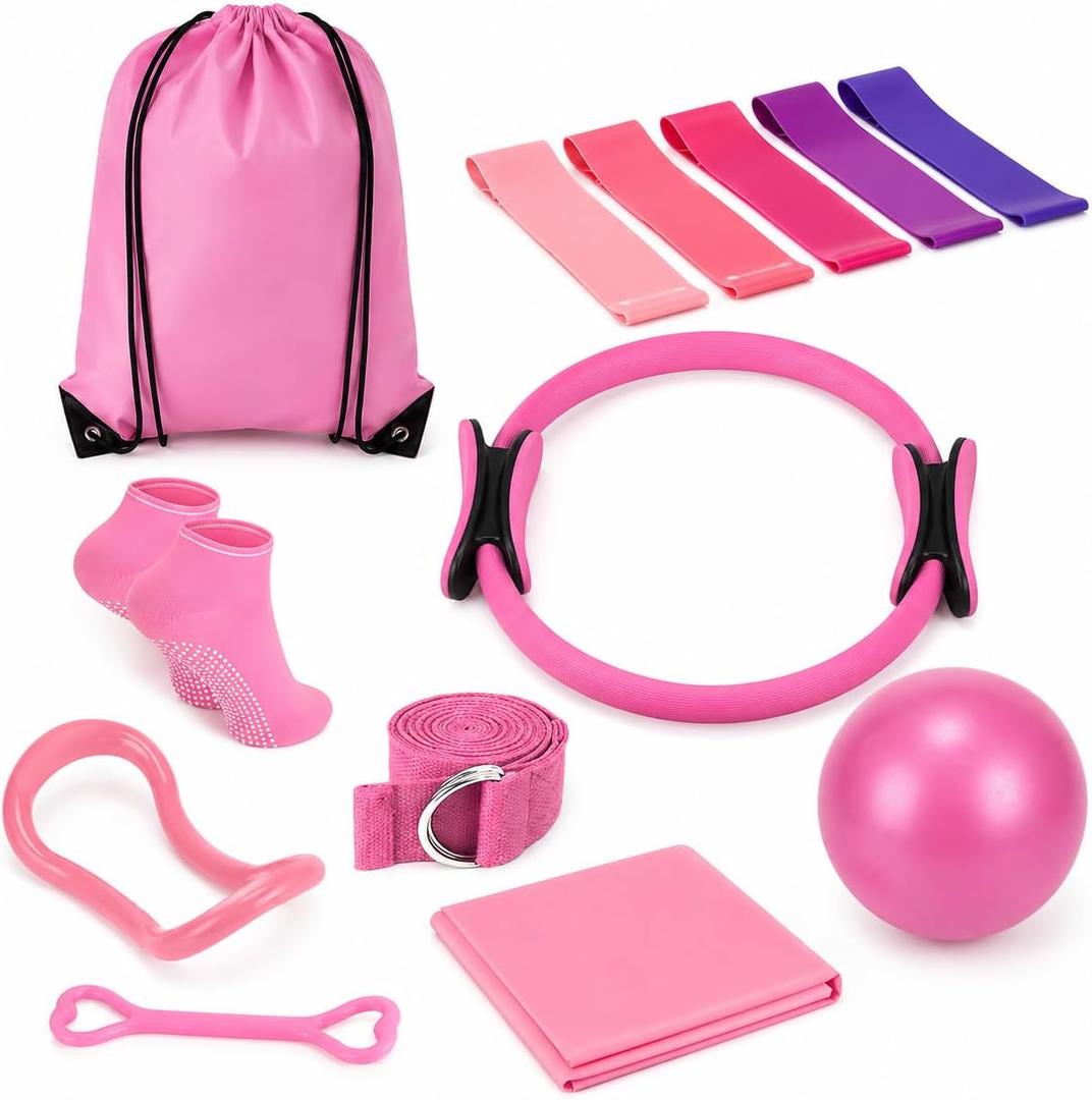 Pilates Kit for Women, 13 Piece Home Workout Starter Set with 14 Inch Ring, Mini Ball, 5 Resistance Bands, Yoga Socks, Stretch Strap and Carry Bag for Core Strength, Toning, Flexibility