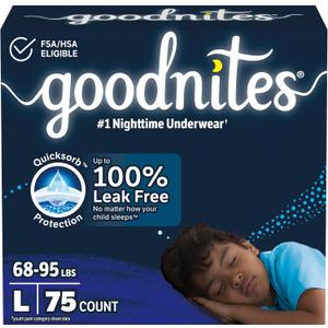 Goodnites Boys' Nighttime Bedwetting Underwear, Size Large (68-95 lbs), 75 Ct (3 Packs of 25)