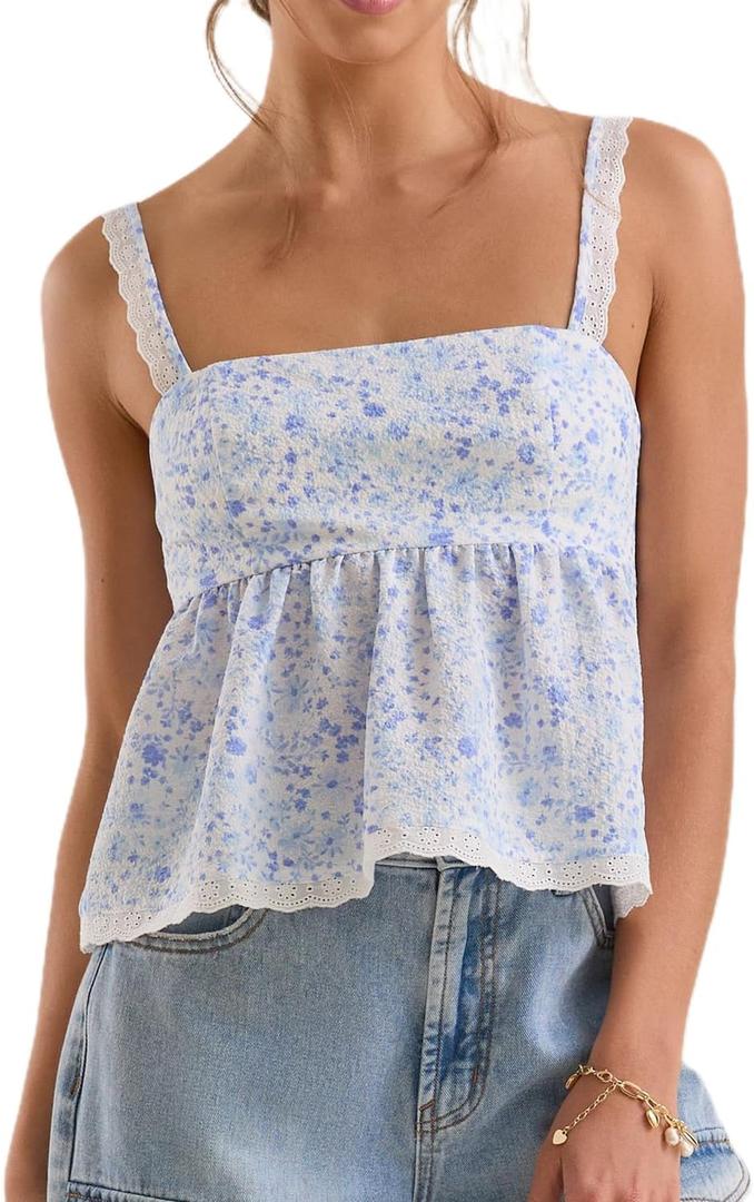 Women Teens Cute Babydoll Tops Y2k Floral Lace Trim Camisole Ruffle Tank Top Summer Flowy Peplum Top Streetwear (Small)