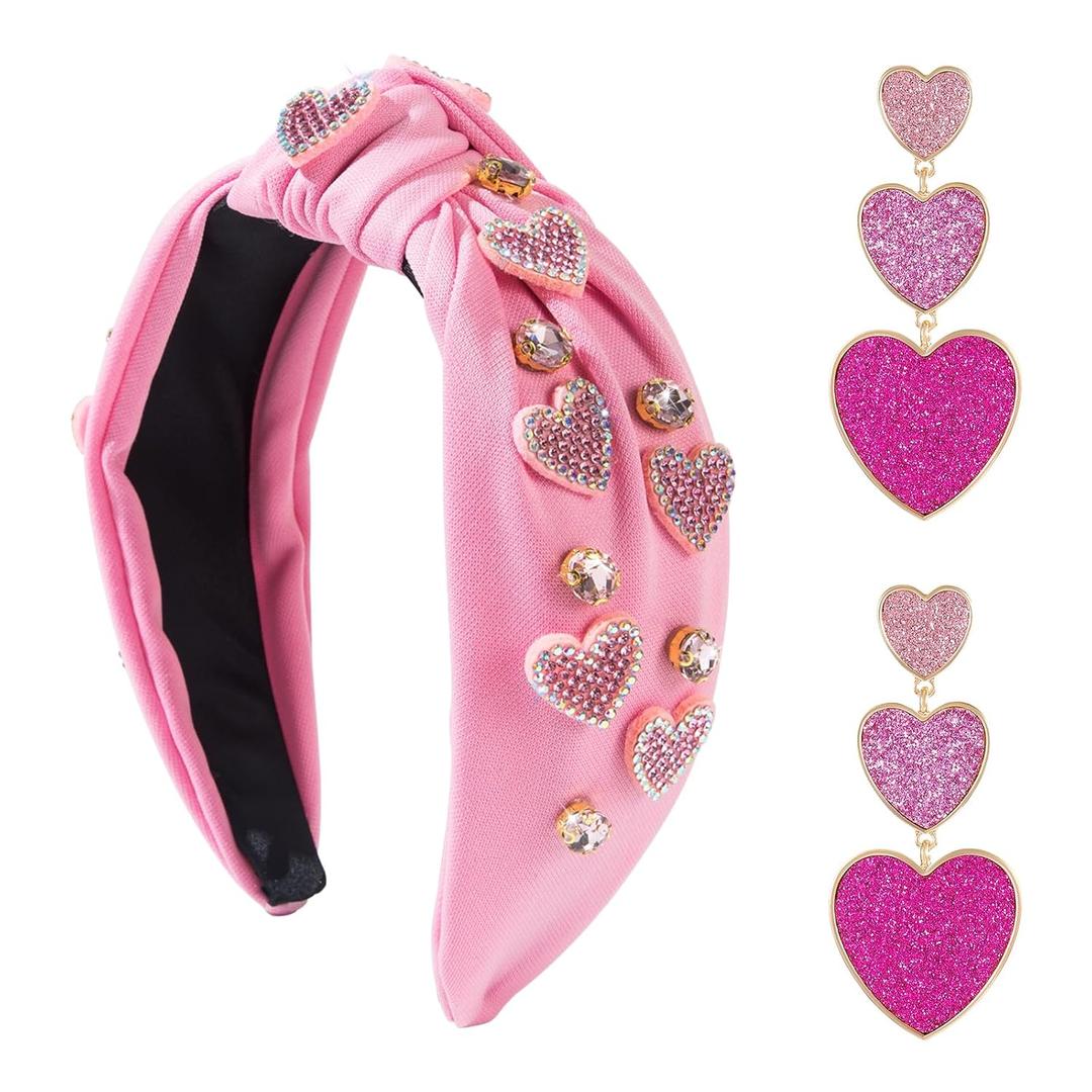 Valentine's Day Headbands for Women - Pink Rhinestone Heart Headbands with Earrings Knot Hairband Jeweled Crystal Sparkling Wide Top Knot Hairband Hair Accessories Gift for Valentines Wedding Party