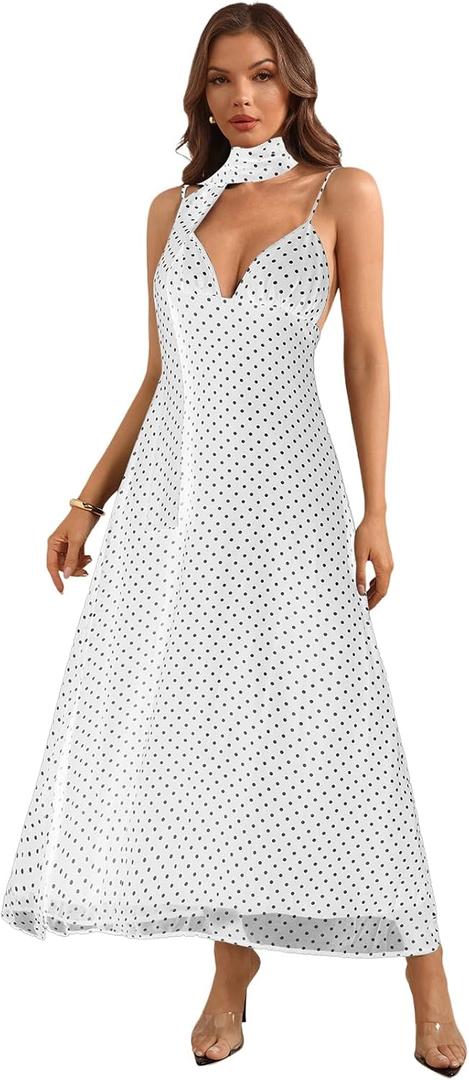 Women's Polka Dots Tie Backless Spaghetti Strap Maxi Dresses | Deep V Neck, Scarf, Vacation, Summer, Party, Flowy (White, L)