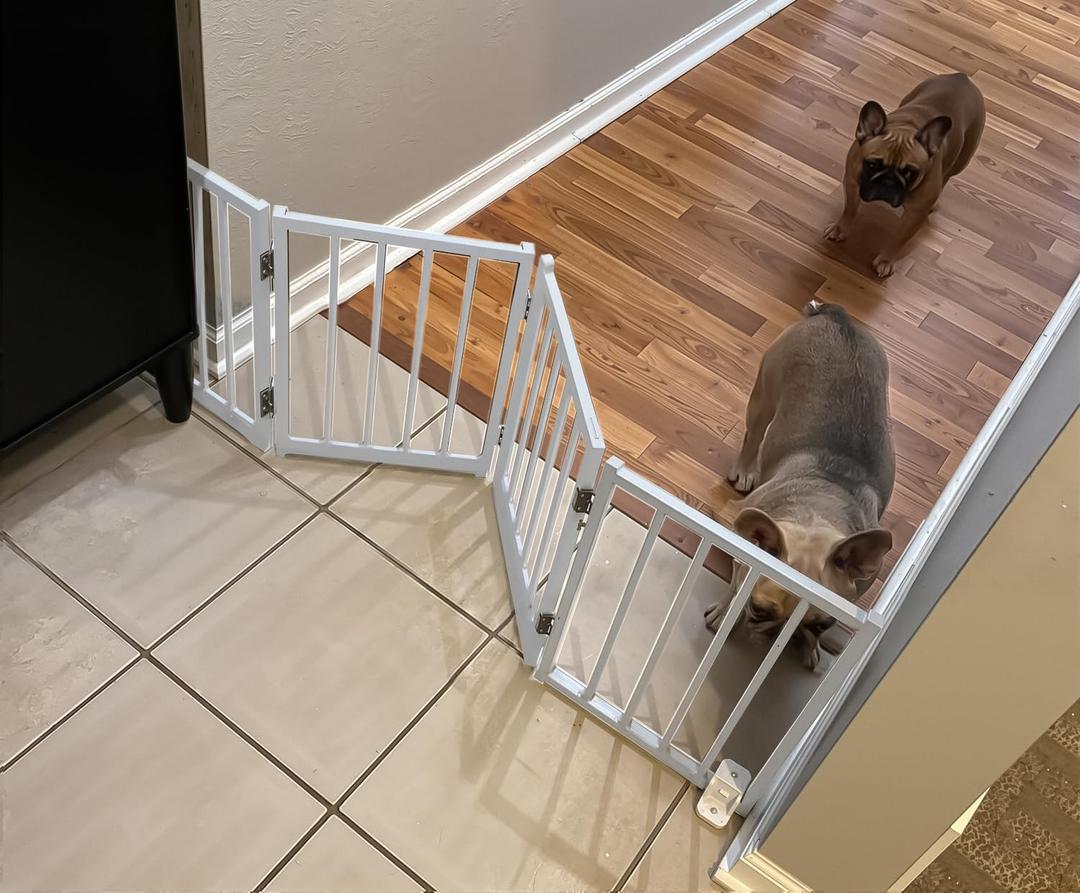 Free Standing Foldable Dog Gate, 16.5" High Step-Over Metal Short Pet Gate, Up to 48" Wide Puppy Fence for Stairs and Doorways, Indoor & Outdoor Use, No Drilling and No Assembly, White