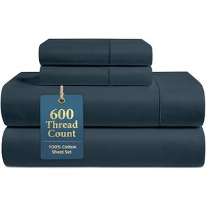 LANE LINEN 100% Cotton Sheets Queen Size  600 Thread Count Naturally Cooling Queen Bed Set, Durable Bedding for Daily Use, Luxury Sateen Finish, Snug Fit 15" Deep Pocket Fitted Sheet  Estate Blue