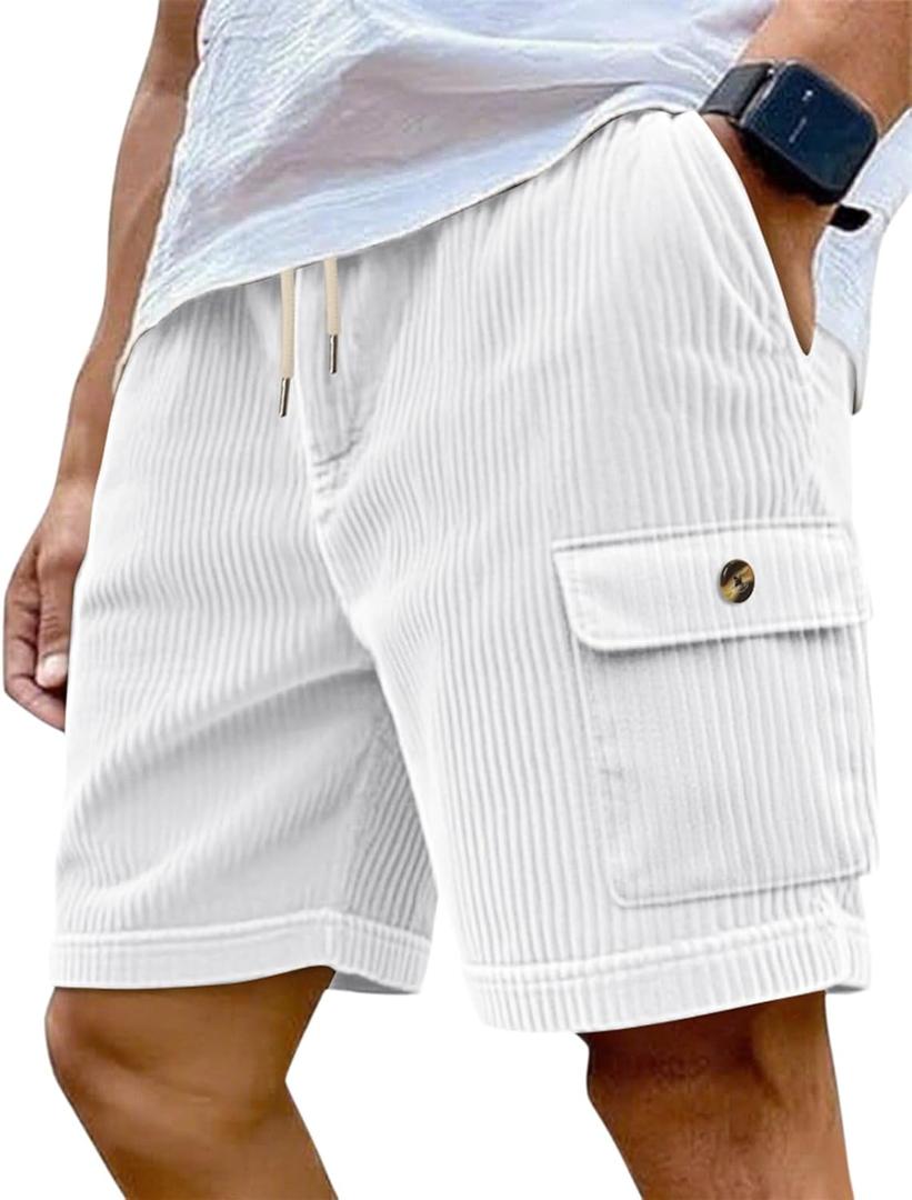 Mens Cargo Shorts Casual Drawstring Elastic Waist Corduroy Summer Beach Shorts with Pockets (White, XXL)