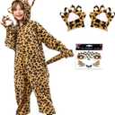 Leopard Costume for Kids, Flannel Cheetah Onesie with Hood & Claw Gloves, Face Stickers, Cat Costume for Girls & Boys (M(5-6y))