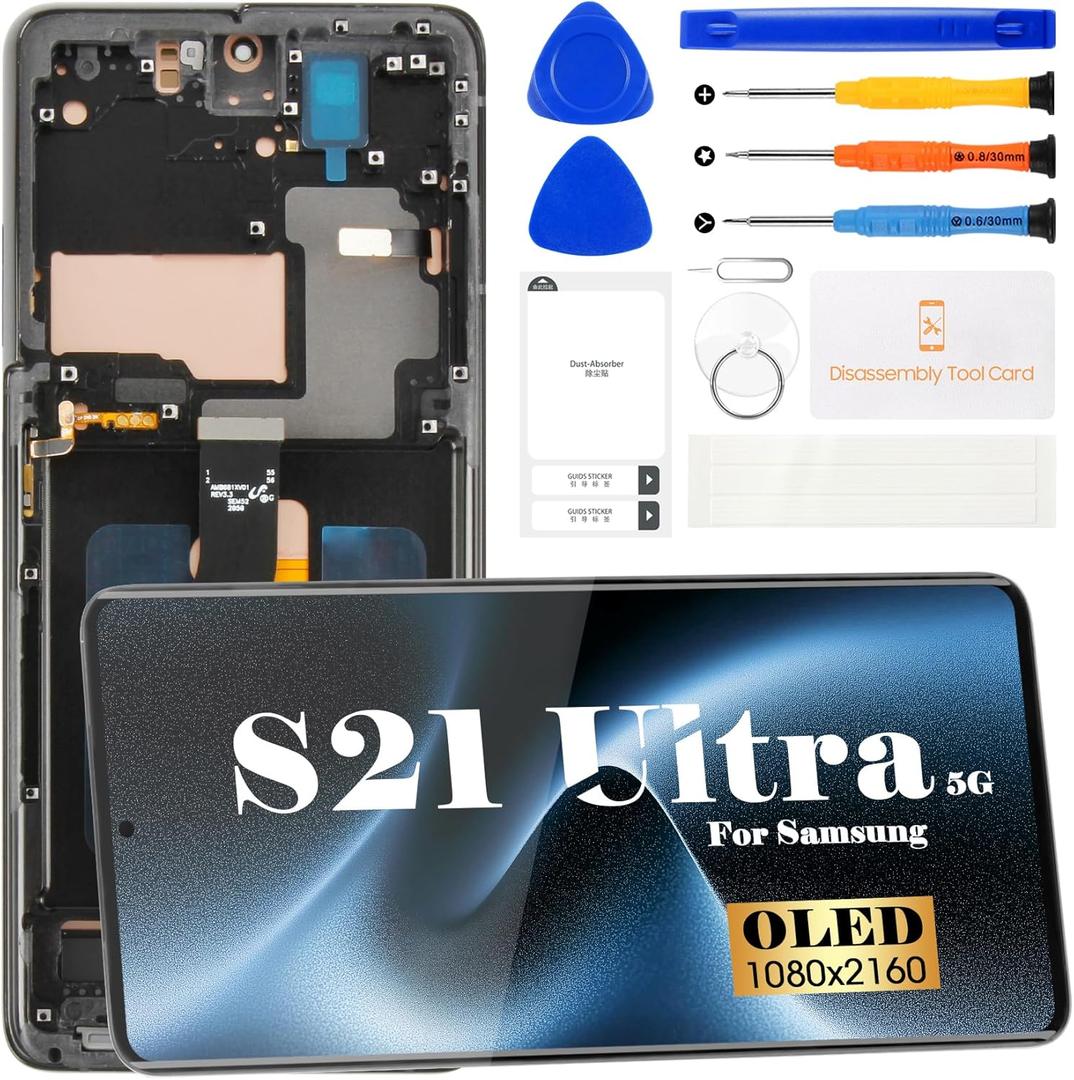 OLED for Samsung Galaxy S21 Ultra 5G Screen Replacement for Galaxy S21 Ultra 5G LCD Display for SM-G998U SM-G998b/DS Ddigitizer Touch Screen Repair Part + Tools(Black With Frame,With Fingerprint)
