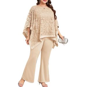 Plus Size Formal Mother of The Bride Pant Suits 2 Piece Wedding Guest Dressy Sets Embroidered Lace Cape Pockets, 3XL