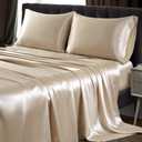 SiinvdaBZX 4Pcs Satin Sheet Set Queen Size Ultra Silky Soft Beige Satin Queen Bed Sheets with Deep Pocket, 1 Fitted Sheet, 1 Flat Sheet, 2 Envelope Closure Pillowcases