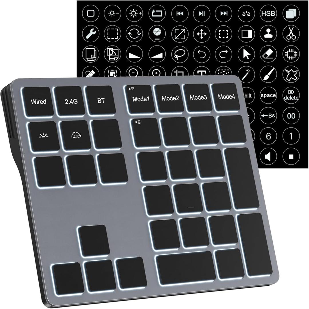 Doohoeek Tri-Mode Programmable Keyboard (BT/2.4G/Wired), Bluetooth Shortcuts Keyboard with 25 Custom Keys & Shortcuts Stickers & Backlit, Wireless Macro Keypad for Windows Graphic, Editing & Office