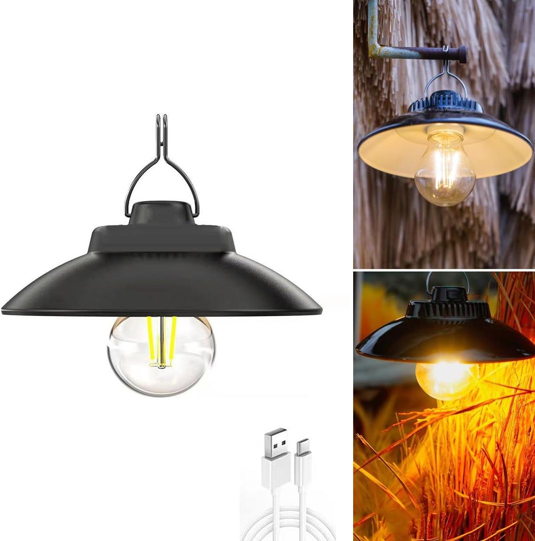 3 x LED Outdoor Solar Warm Light Camping Light, Waterproof Solar and USB Powered Retro Courtyard Lighting, 2 Mode Portable Emergency Light with Hook.