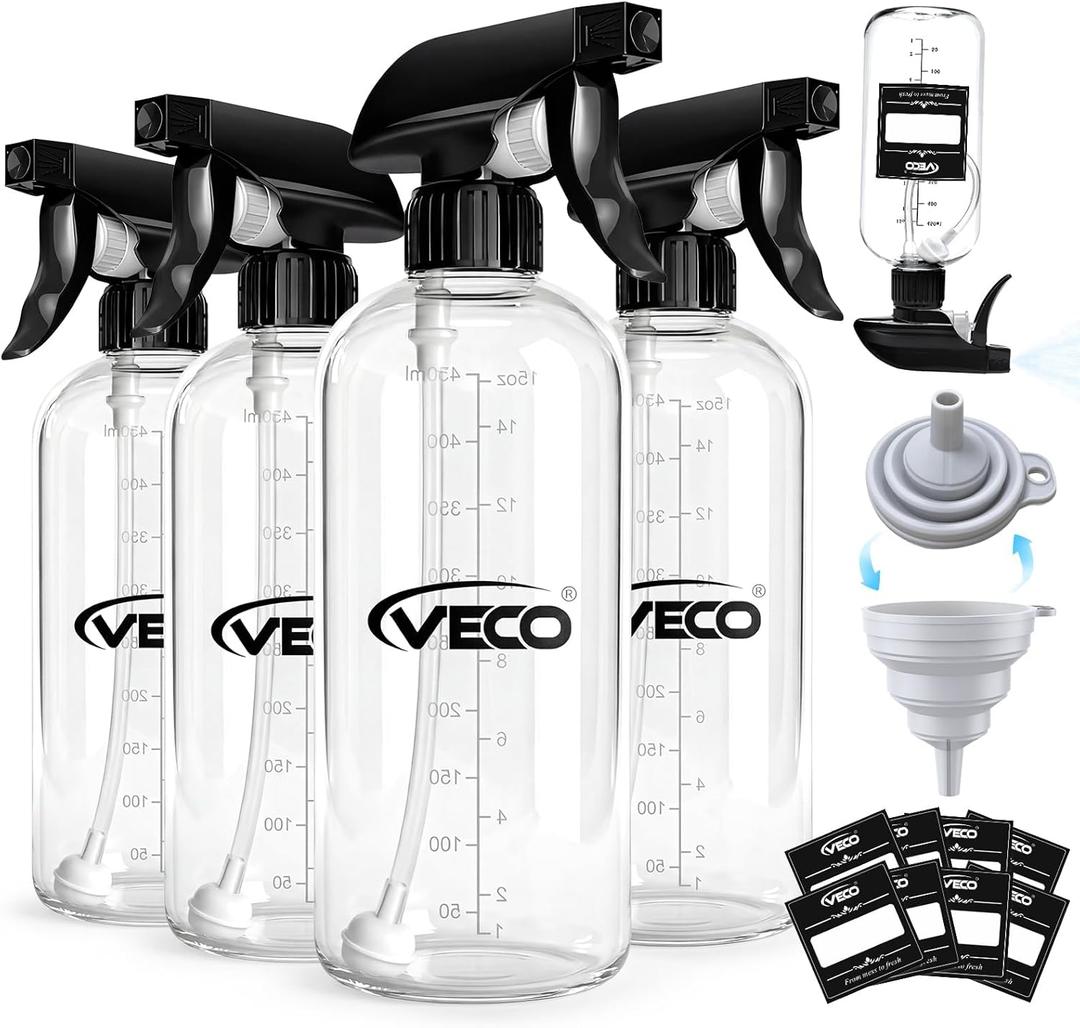 Veco 500mL (17oz) Graduated Spray Bottles, 4-Pack 360 Any-Angle Spraying for Easy Dilution, Leak-Resistant spray bottles for Cleaning, Plants, Hair & Pet Use + Foldable Funnel