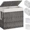 SONGMICS 130L Clothes Hamper with Lid, 2 Removable Liner Bags, 6 Mesh Bags, Wicker, Double Laundry Basket for Bathroom, 13 x 26 x 23.6 Inches, Gray ULCB253G01