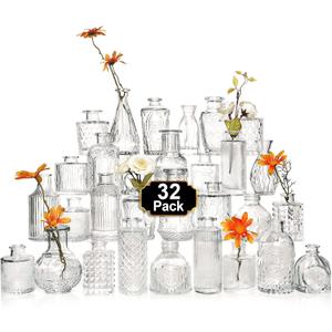 Arme Glass Bud Vase Set of 32 PcsSmall Glass Vases for FlowersClear Bud Vases in BulkVintage Vases for CenterpiecesSmall Glass Bud Vase for Rustic Wedding DecorationsHome Table Flower Dcor