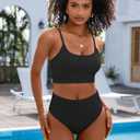 ANRABESS Womens High Waisted Bikini Sets,Color Block 2 Piece Swimsuits,Tummy Control Bathing Suits,Thick Ribbed Beach Wear (Black, M)