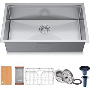 32-Inch Kitchen Sink Handmade Undermount 304 Stainless Steel Single Bowl Kitchen Workstation Sink in 10-inch-Depth 32"x19"x10"