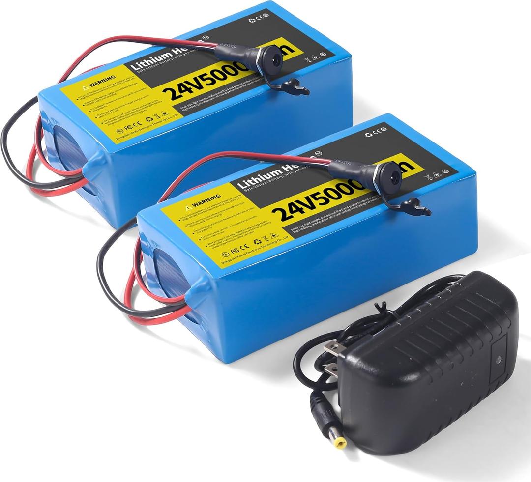 2 Pack 24V 5Ah Lithium Battery with 29.4V 1A Charger, 24V Rechargeable Battery for Outdoor Toys and DIY Projects