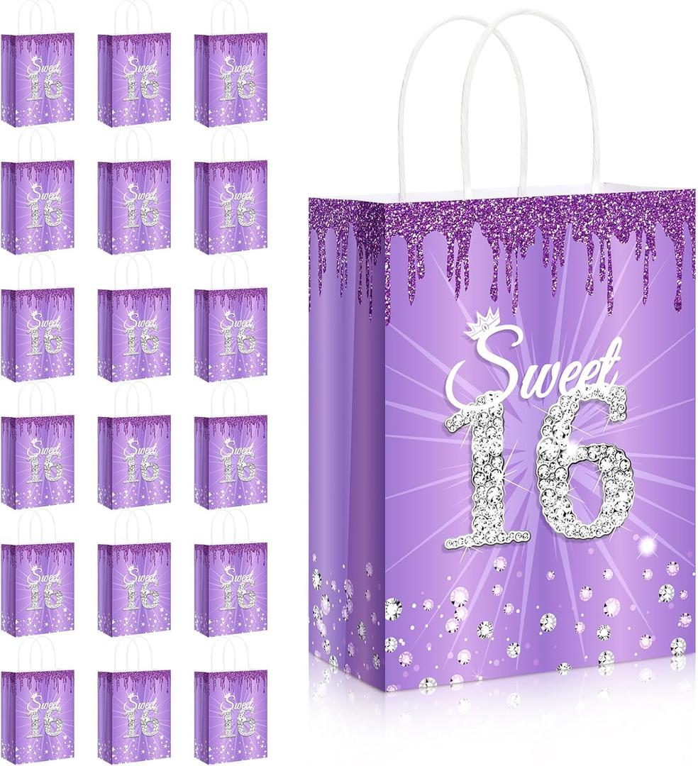 Teling 18 Pcs Sweet 16 Party Favors Sweet 16th Birthday Gift Bags Goodie Candy Treat Bags with Handle Decorations for 16th Birthday Party Supplies(Purple)