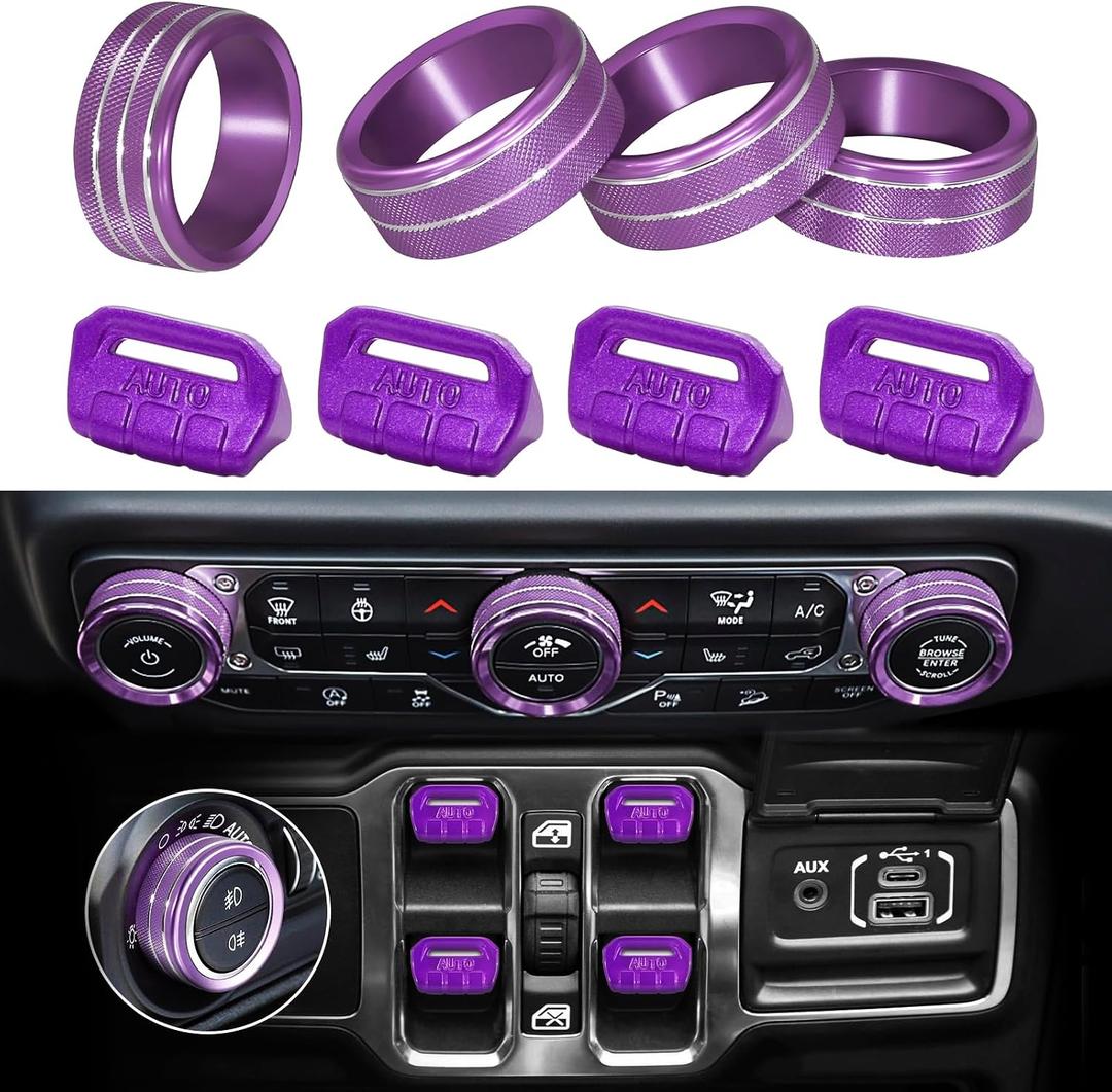 8Pcs Button Knob Cover for Jeep Wrangler JL JLU 2018-2025 2026 & Gladiator JT 2020-2026 Accessories, JL Window Switch Button Cover Volume Radio Air Conditioner Headlight Switch Knob Cover (Purple)