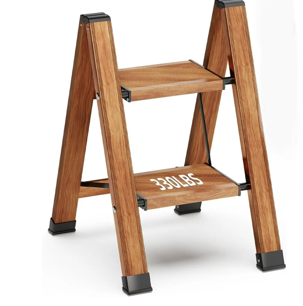 2 Step Ladder Folding Step Stool with Anti-Slip Sturdy and Wide Pedal, Lightweight 330lbs Portable Aluminum Woodgrain Shelf for Household and Kitchen Space Saving