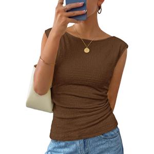 ZESICA Women's Summer Ruched Trendy Tank Top 2026 Cap Sleeve Boat Neck Slim Fit Cute Tops Going Out Tee Shirts Fashion (Brown, M)