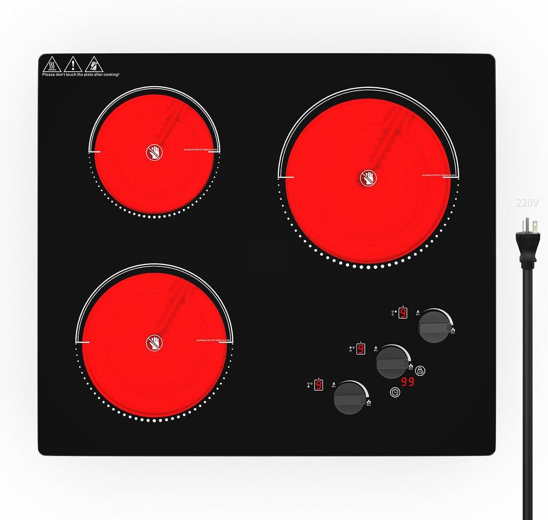 VBGK Electric Cooktop,24 inch 220V Stove Top,Touch and Knob Control,LED,9 Power Levels, Kids Lock &Timer,Overheat Protection,5000W 3 burner electric cooktop.