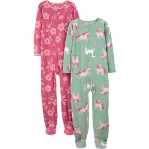 Simple Joys by Carter's Girls' 2-Pack Loose-fit Fleece Footed Pajamas (8, Mint Green Horses/Raspberry Red Floral)