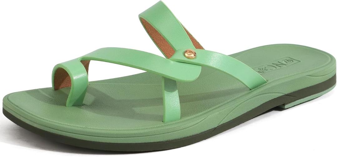 ONCAI Women's Slide Sandals Trendy Square Summer Flat Dressy Sandals for Women 2025 Cross Strappy Open Split-Toe Ring with Slip-on Rubber Soles (Green)