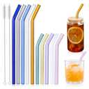 10 Pcs Reusable Colorful Bent Glass Straws,Size 9''x10mm and 6''x10mm Cute Short Glass Straws Shatter Resistant with 2 Cleaner Brush for Beverages,Coffee,Juice,Cocktail,Teas