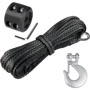 3/16" Synthetic Winch Rope Kit, 3/16 in x 50 Ft 8500LBs Strength ATV Winch Rope Line with Steel Hook, Rubber Stopper, Protecting Sleeve and Thimble, Suitable for ATV, SUV, Vehicle (Black)