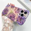 OOK Oil Painting Phone Case for iPhone 16 Pro Max Laser Glossy Cute Oil Painting Flower Pattern Curly Waves Bumper Design Soft Protective Cover for Girls Women Purple