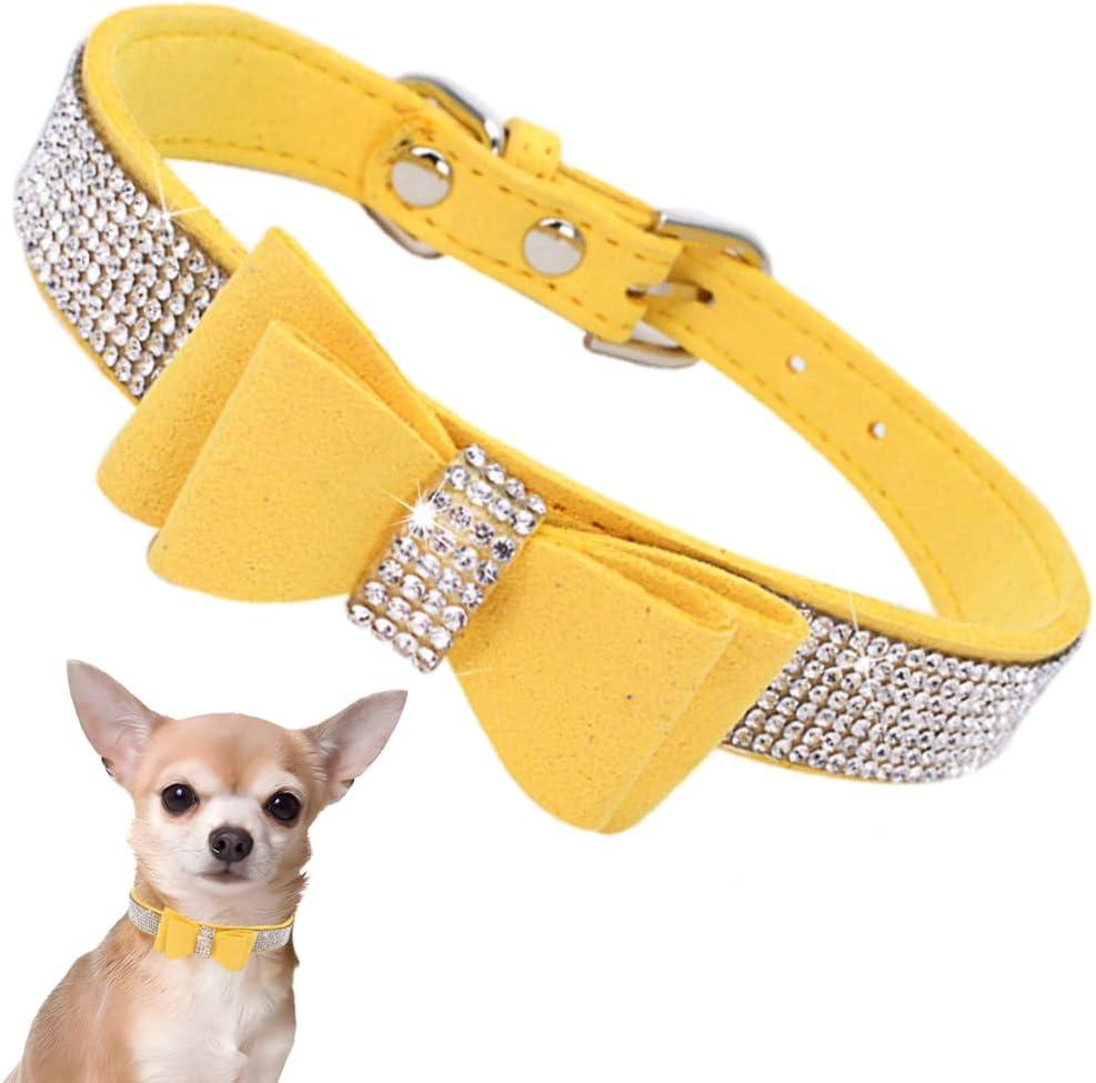 Rhinestone Dog Collar with Bow Tie, Cute Knot Crystal Bling Diamond Glitter Puppy Collars for Small Pet Girls Dogs Female Cats, Yellow Small