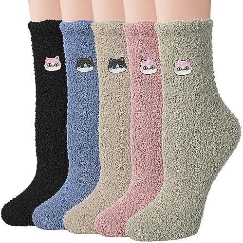 YSense Fuzzy Socks for Women 5 Pairs Winter Warm Fluffy Slipper Socks Soft Cute Cat Animal Socks, X-Cute Cat Style 1