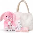 Perfectto Design Easter Gifts for Kids, Stuffed Bunny Toy 5 Pcs - Mommy Stuffed Rabbit, 2 Baby Bunnies and Furry Bag. Soft Easter Bunny Plush Gift for Kids 3-5