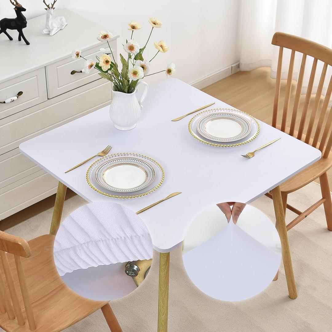Outdoor Tablecloth White Small Square Elastic 38x38 Inch Stretch Card Table Cover with Spandex Fabric Wrinkle Free Fitted Table Cloth Non Slip Washable for Kitchen Dining Patio Party