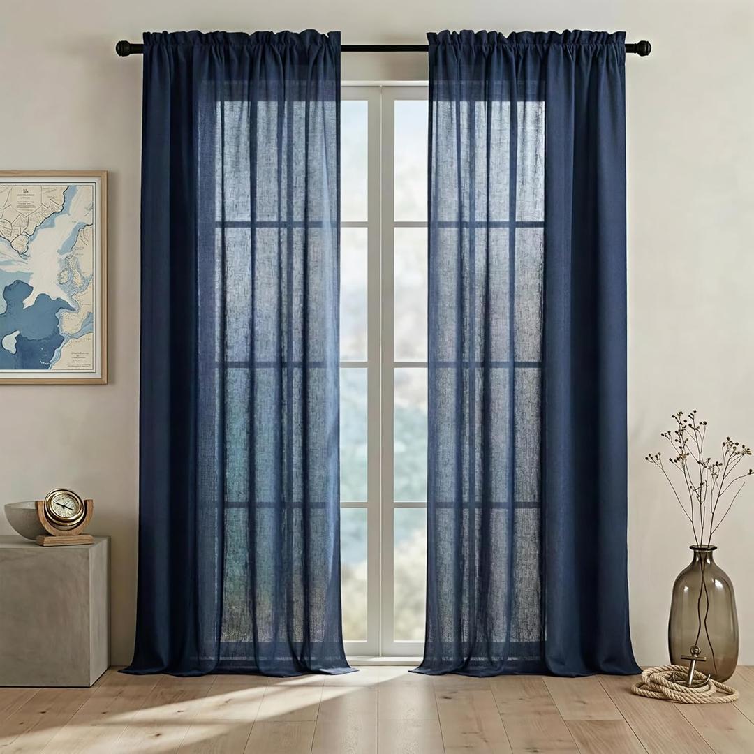 Navy Blue Coastal Linen Curtains, Effortless Elegant Rod Pocket or Clip Ring Sheer Drapes, Summer Dark Blue Boho Light Filtering Nautical Window Panel for Bedroom Living Room, 84 Inch Length (52"W x 84"L (Pack of 2))
