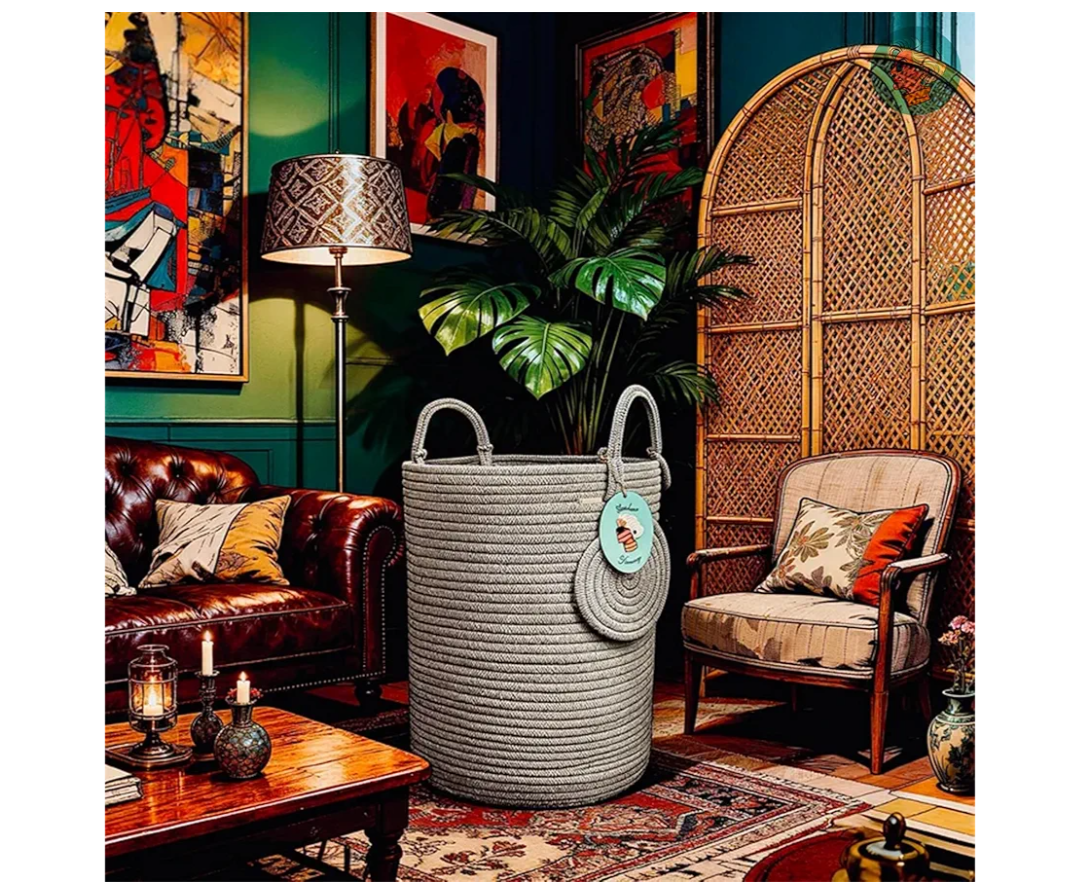 Modern Granny Extra Large Cotton Rope Laundry Hamper 16x22 Inch Dual Secure Woven Handle for Living Room Closet Clothes Blanket Organization
