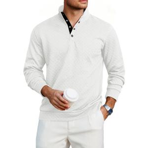 Lexiart Mens Fashion Quilted Long Sleeve Sweatshirts Thermal Stand Collar Quarter Button Up Pullover Sweatshirt (White, XXL)