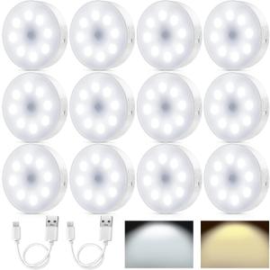 Yahenda Rechargeable Motion Sensor Light Fixture, 12-Piece Indoor LED USB Cordless Battery Powered Night Light for Stairs, Hallway, Bathroom, Kitchen Cabinet, 2 Colors