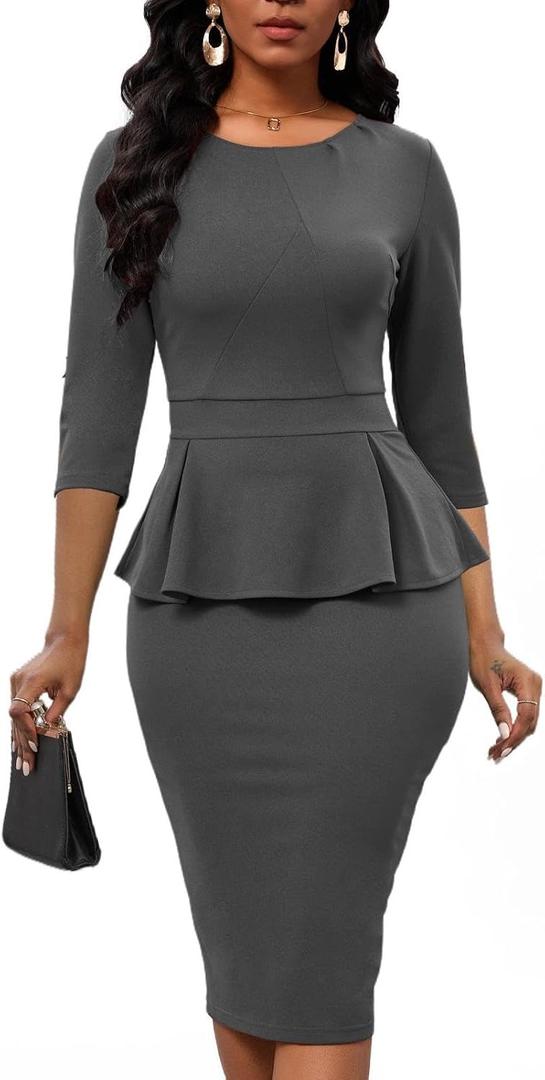 Womens 3/ 4 Sleeve Crew Neck Peplum Wear to Work Office Pleated Sheath Dress Grey XXX-Large