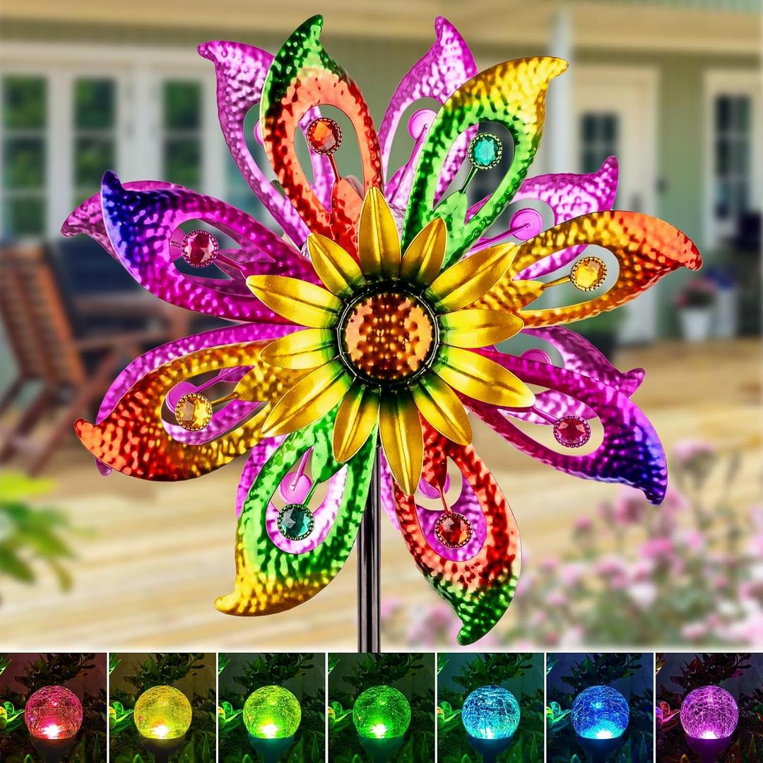 360Solar Wind Spinner with Lights Sunflower Garden Outdoor Decor Yard Lawn Art Decor for Patio Kinetic Windmills Unique Gifts for Friends and Family 60.63'' H x 13.38'' Dia