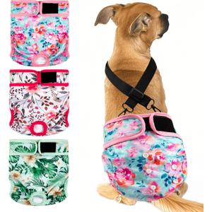 wegreeco Reusable Washable Dog Diapers Female with 1PC Suspender, Dogs Period Heat Diapers Female Heat Cycle,Doggie Puppy Diapers for Incontinence (Medium) (Flower)